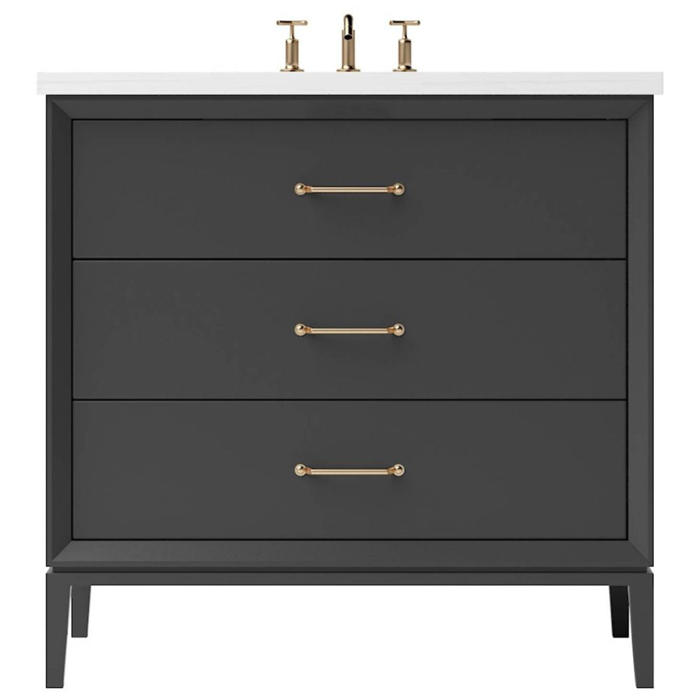 Dark gray vanity with three drawers and gold handles on a white background