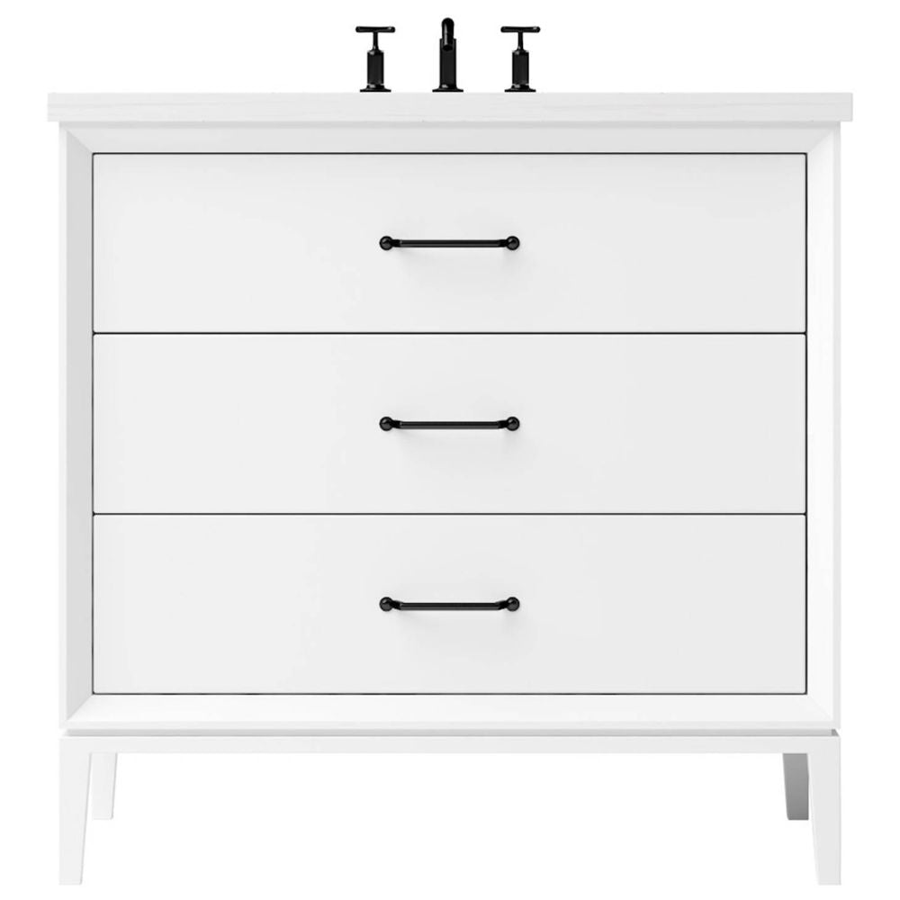 White bathroom vanity with three drawers and black handles on a white background
