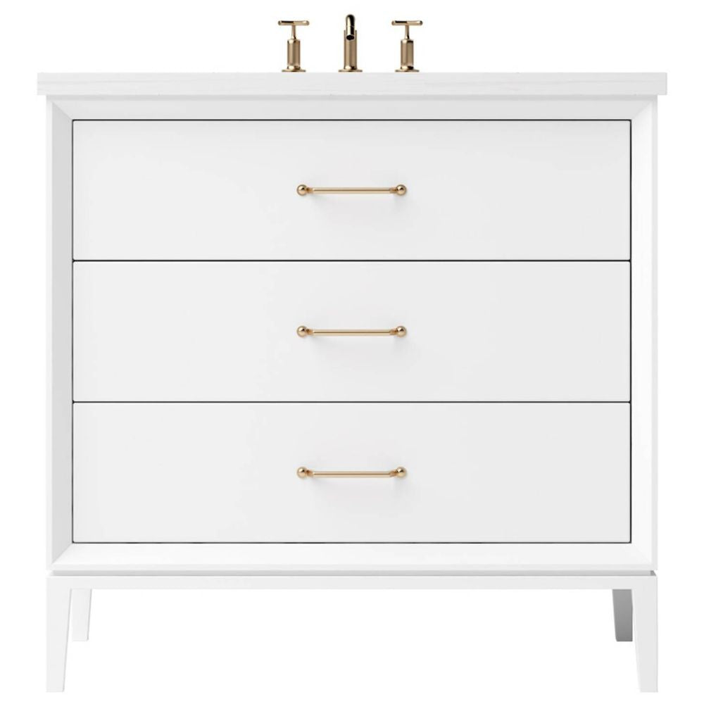 White bathroom vanity with gold handles on a white background
