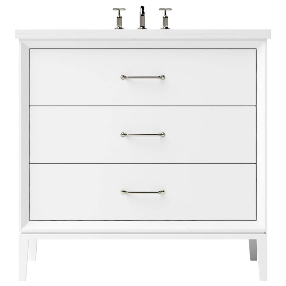 White bathroom vanity with gold handles on a white background