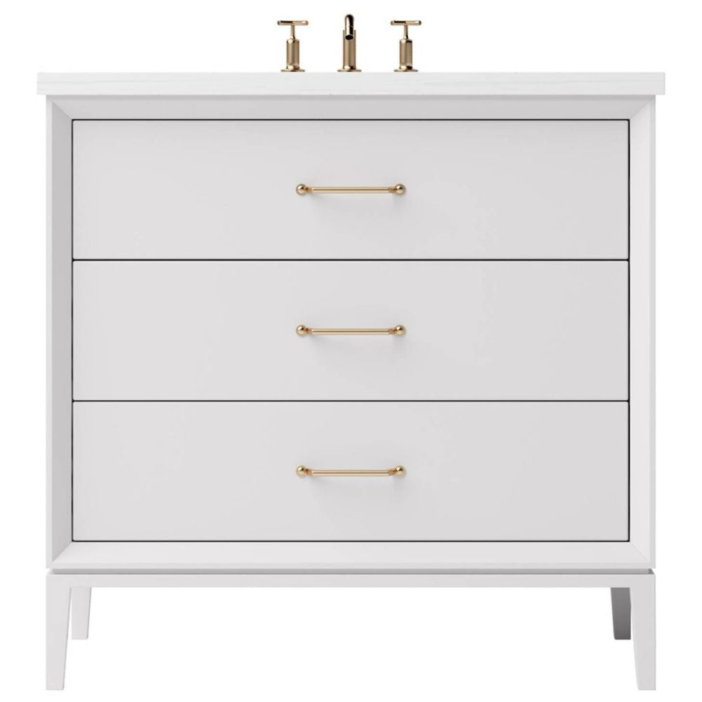 White bathroom vanity with gold handles on a white background