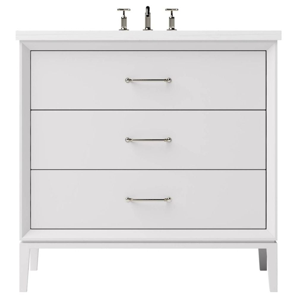 White bathroom vanity with three drawers and black handles on a white background