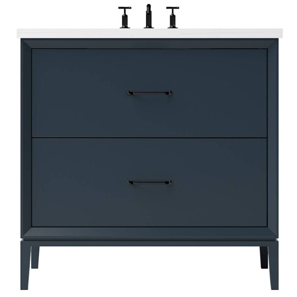 Blue bathroom vanity with white countertop and black fixtures on a white background