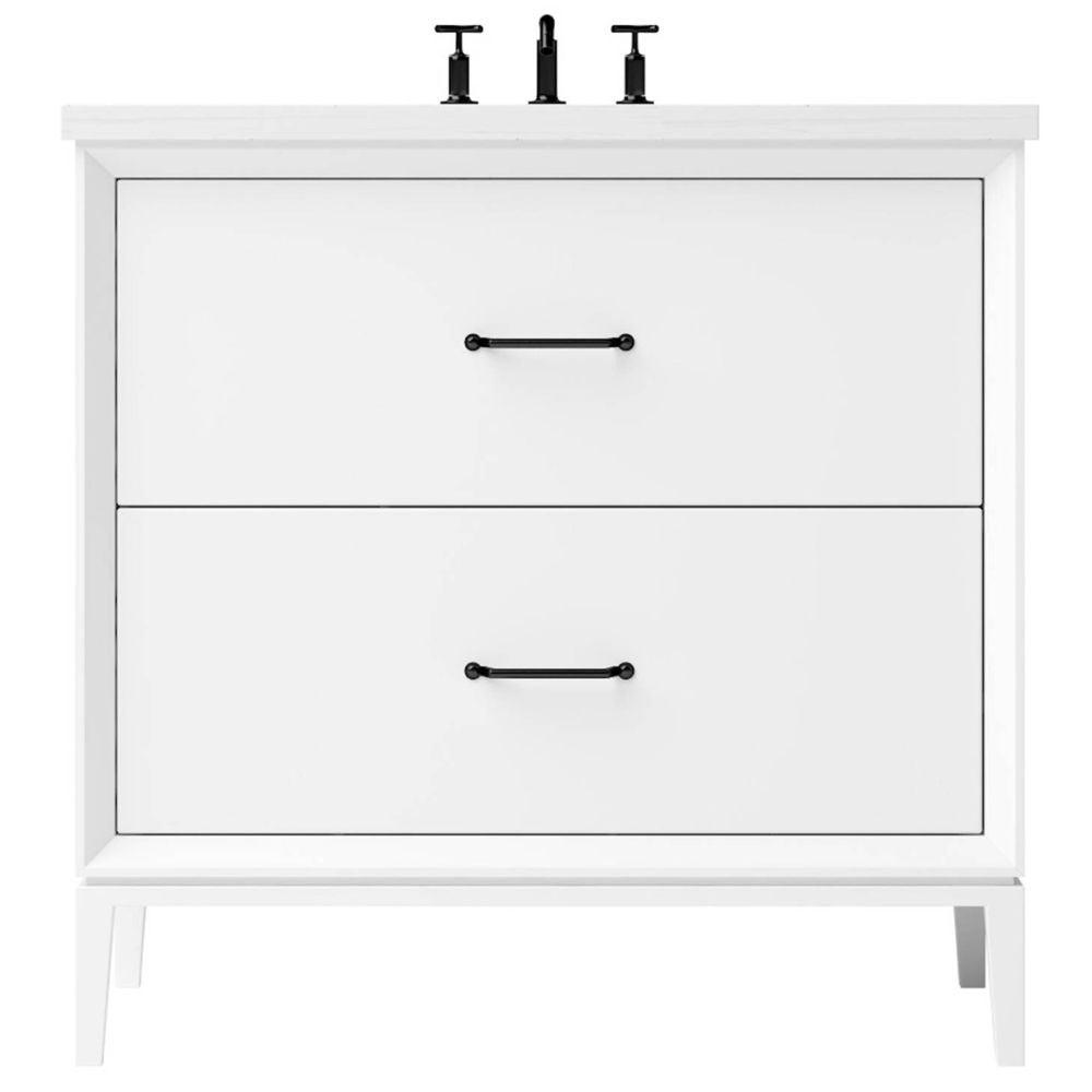 White bathroom vanity with black handles on a white background