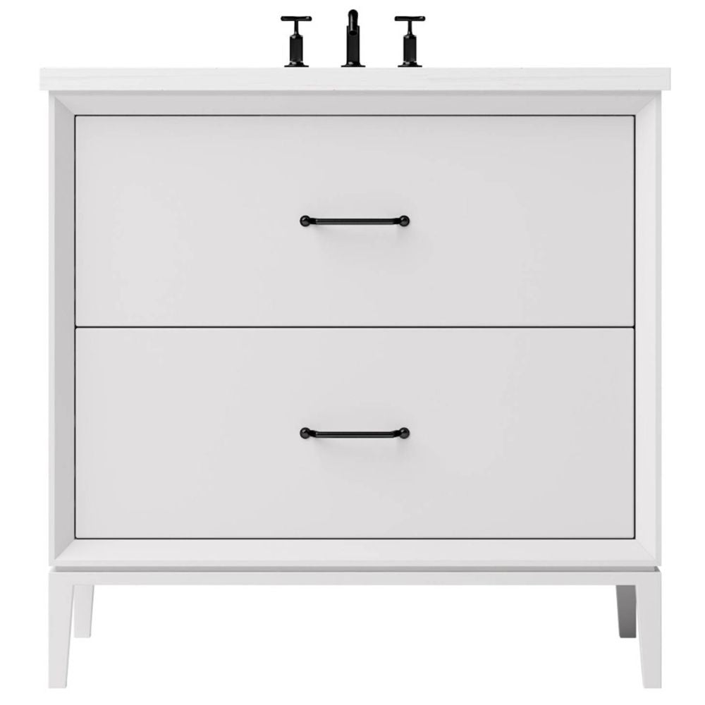White bathroom vanity with two drawers and black handles on a white background