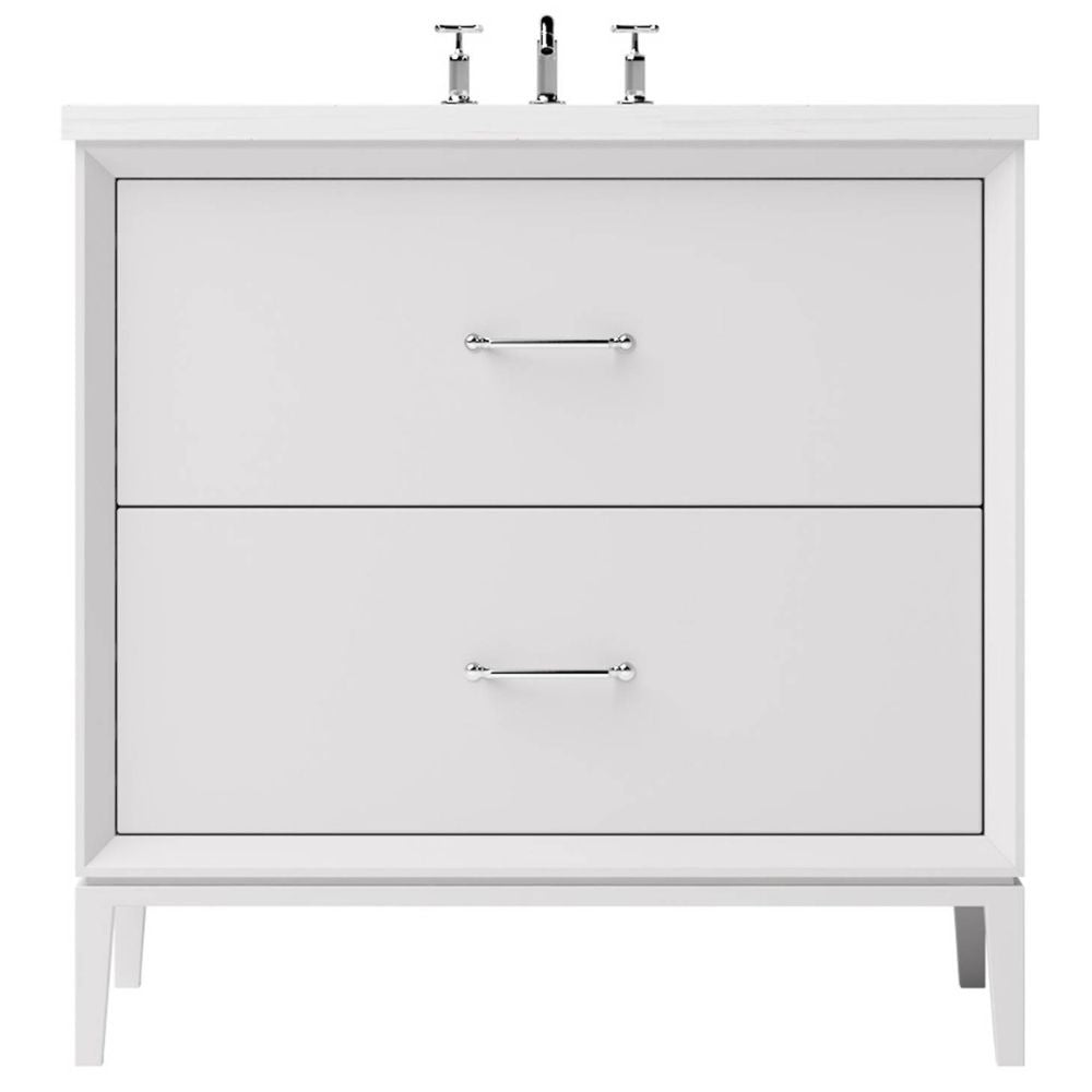 White bathroom vanity with two drawers and a faucet on a white background