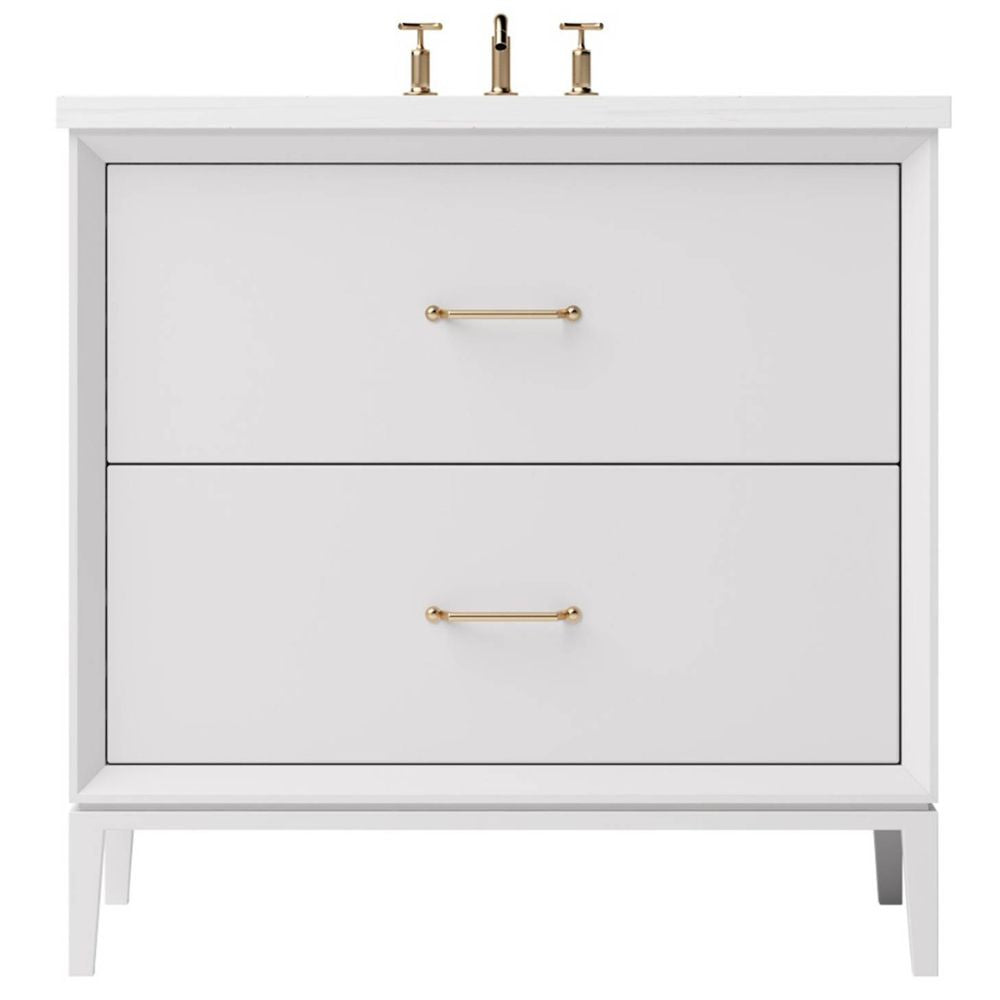 White bathroom vanity with gold handles on a white background
