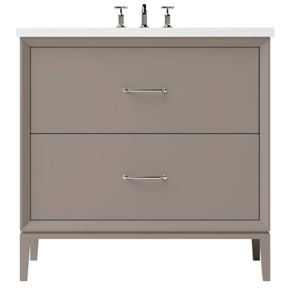 Gray bathroom vanity with white countertop and silver fixtures on a white background