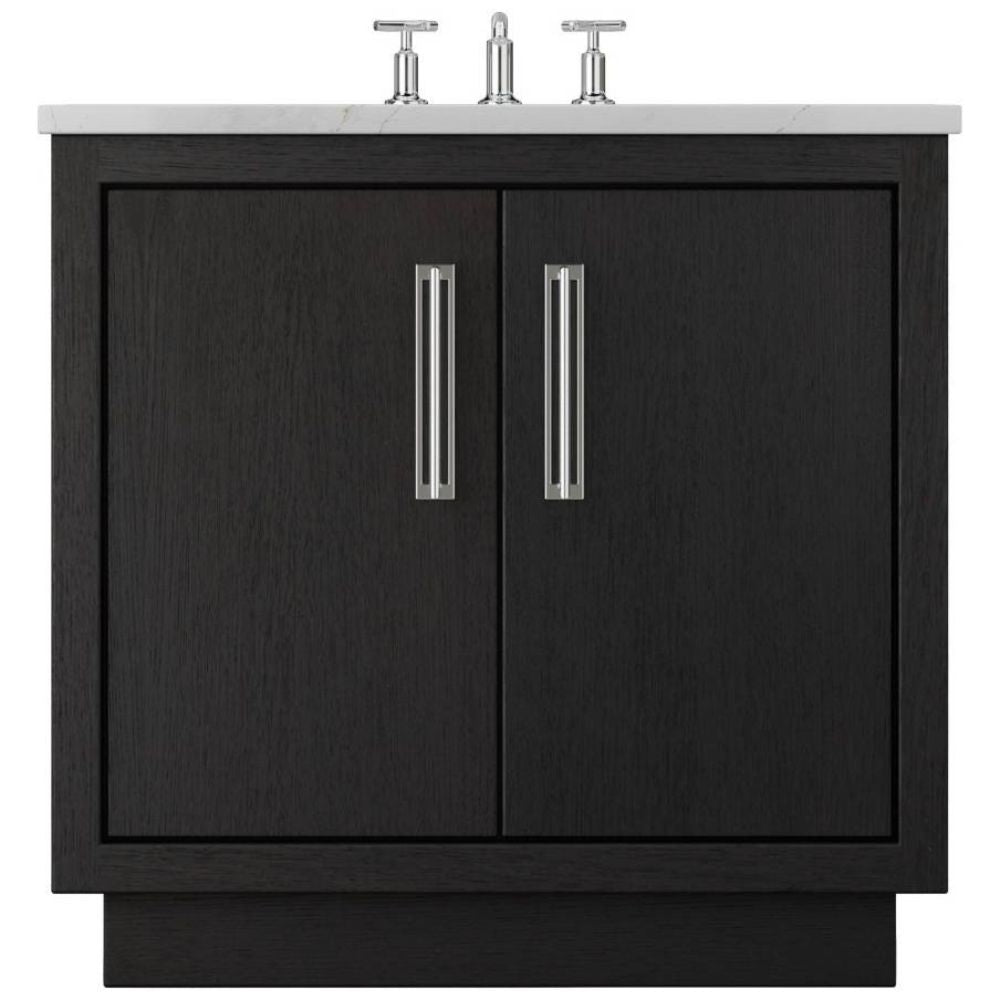 Black bathroom vanity with white countertop and silver fixtures on a white background