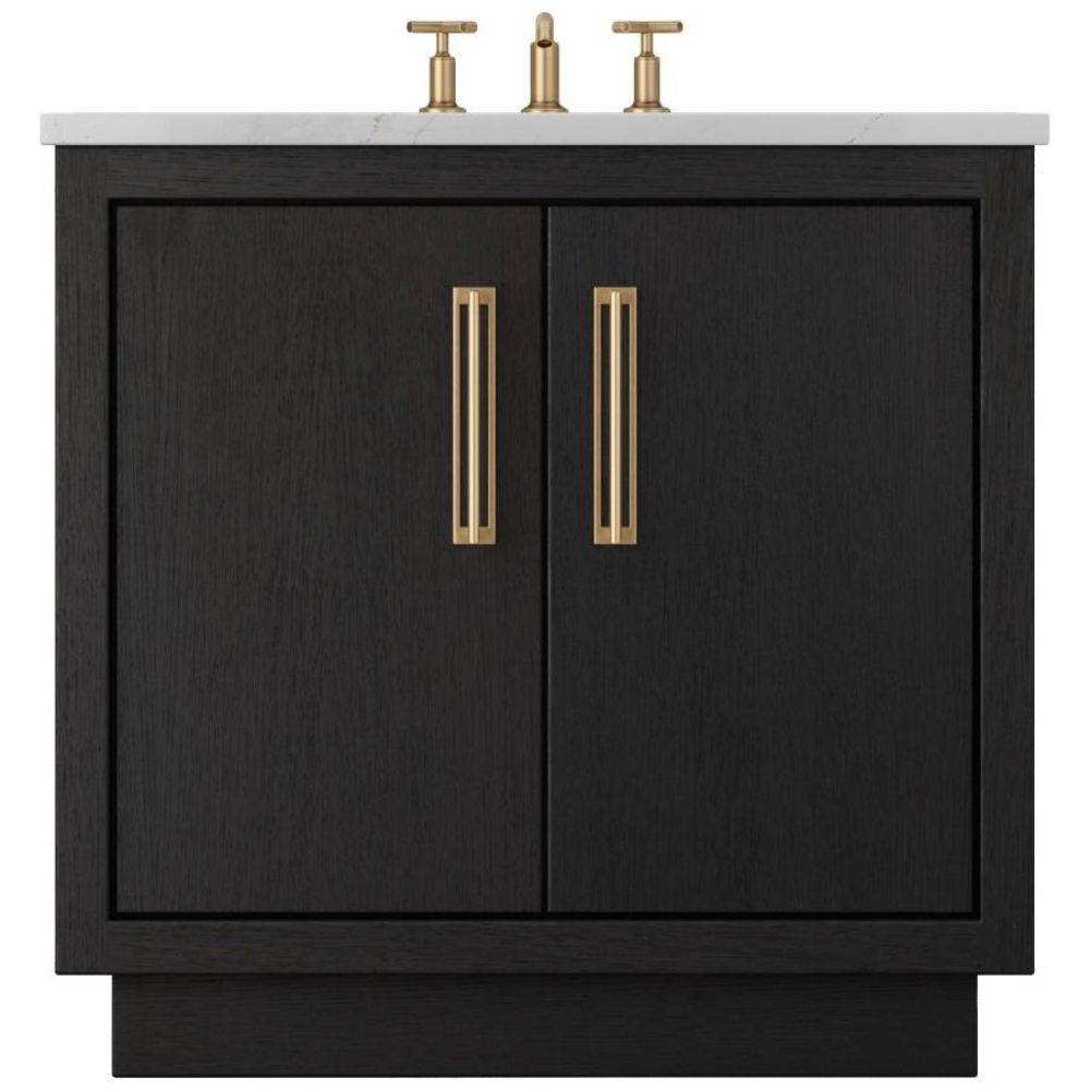 Black bathroom vanity with gold handles on a white background