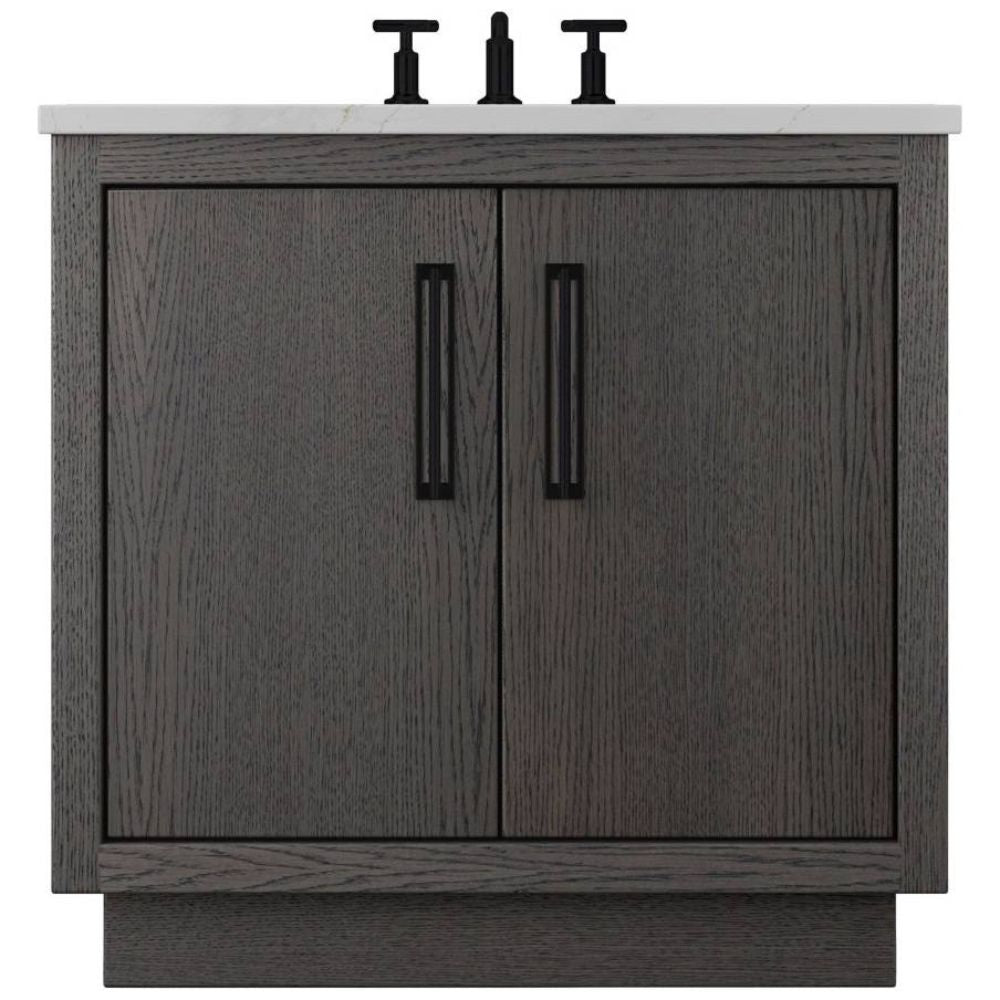 Bathroom vanity with two doors and a white countertop on a white background