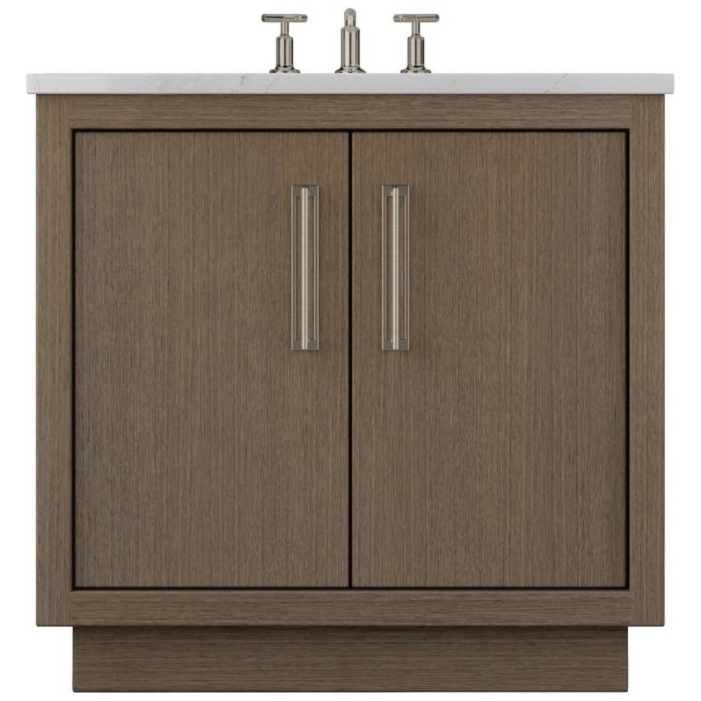 Bathroom vanity with two doors, two handles, and a white countertop.
