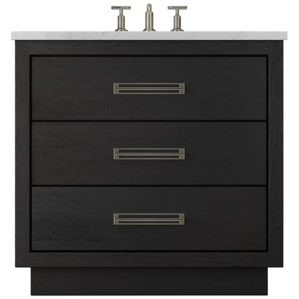 Black vanity with three drawers and silver handles on a white background