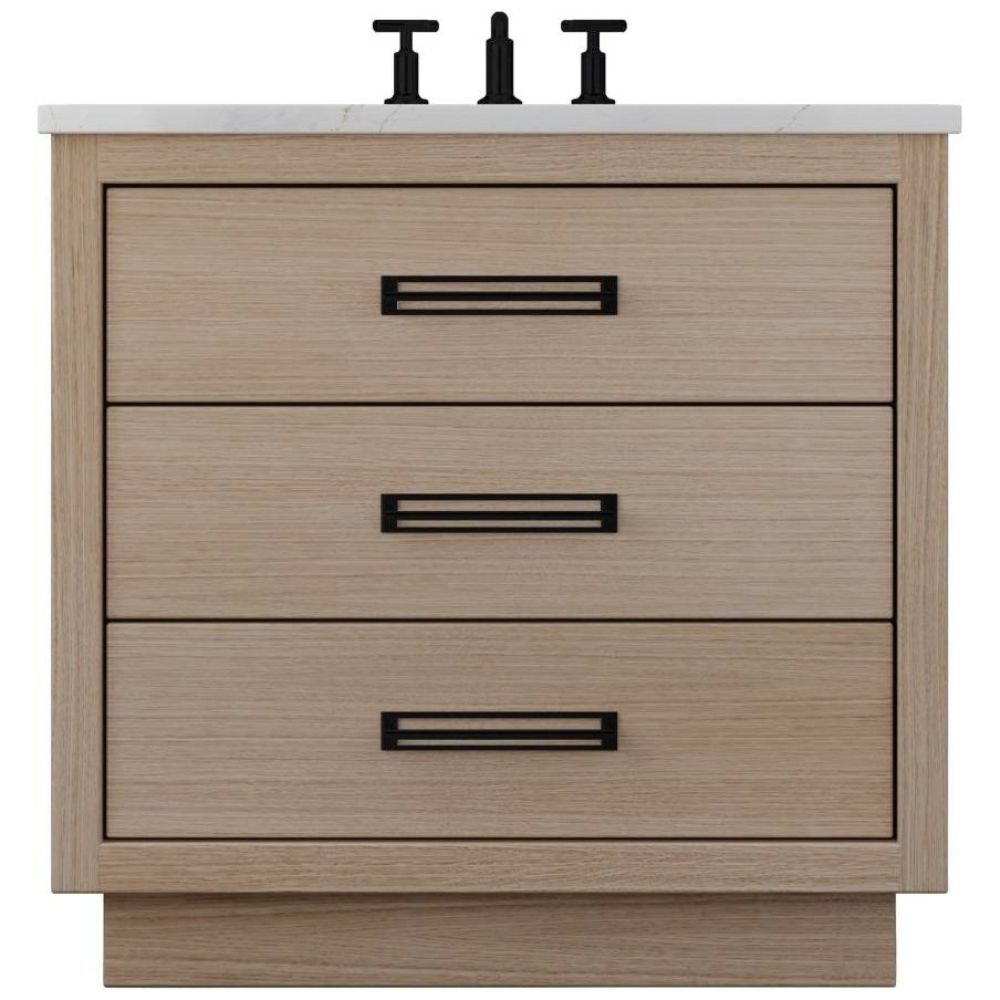 Wooden bathroom vanity with three drawers and black handles on a white background