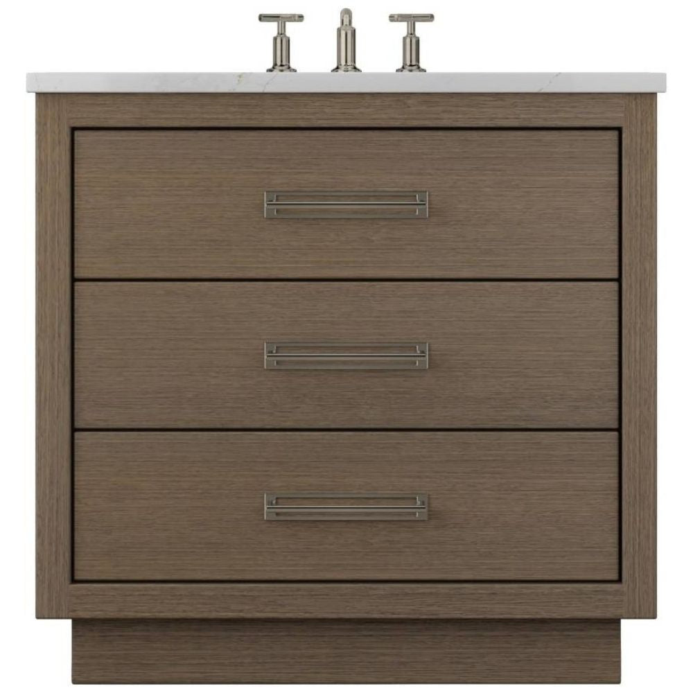 Wooden bathroom vanity with three drawers and a white countertop.