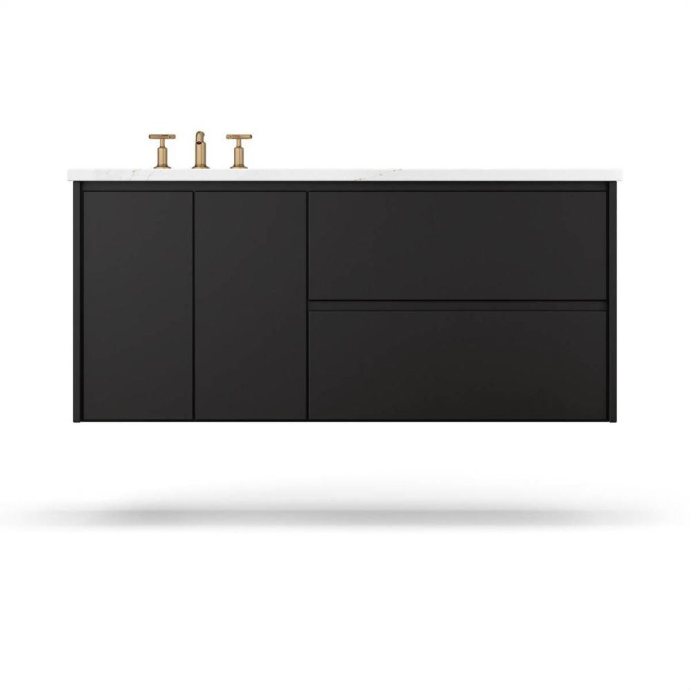 Black bathroom vanity with gold fixtures on a white background