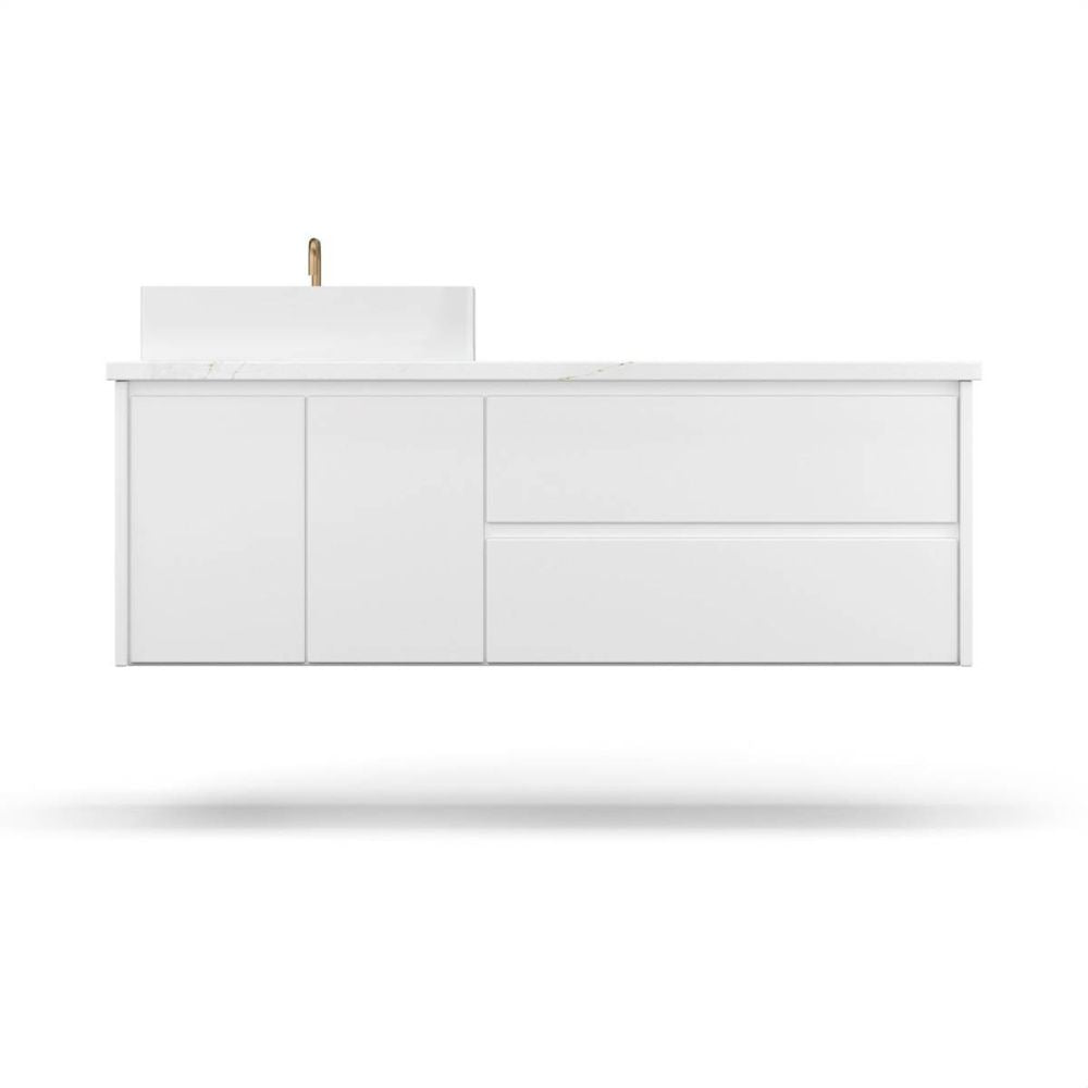 White bathroom vanity with a sink on a white background