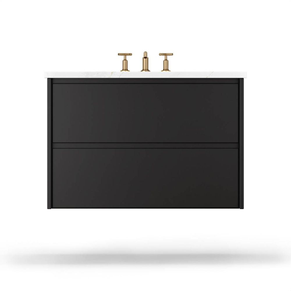 Black bathroom vanity with gold faucet on a white background