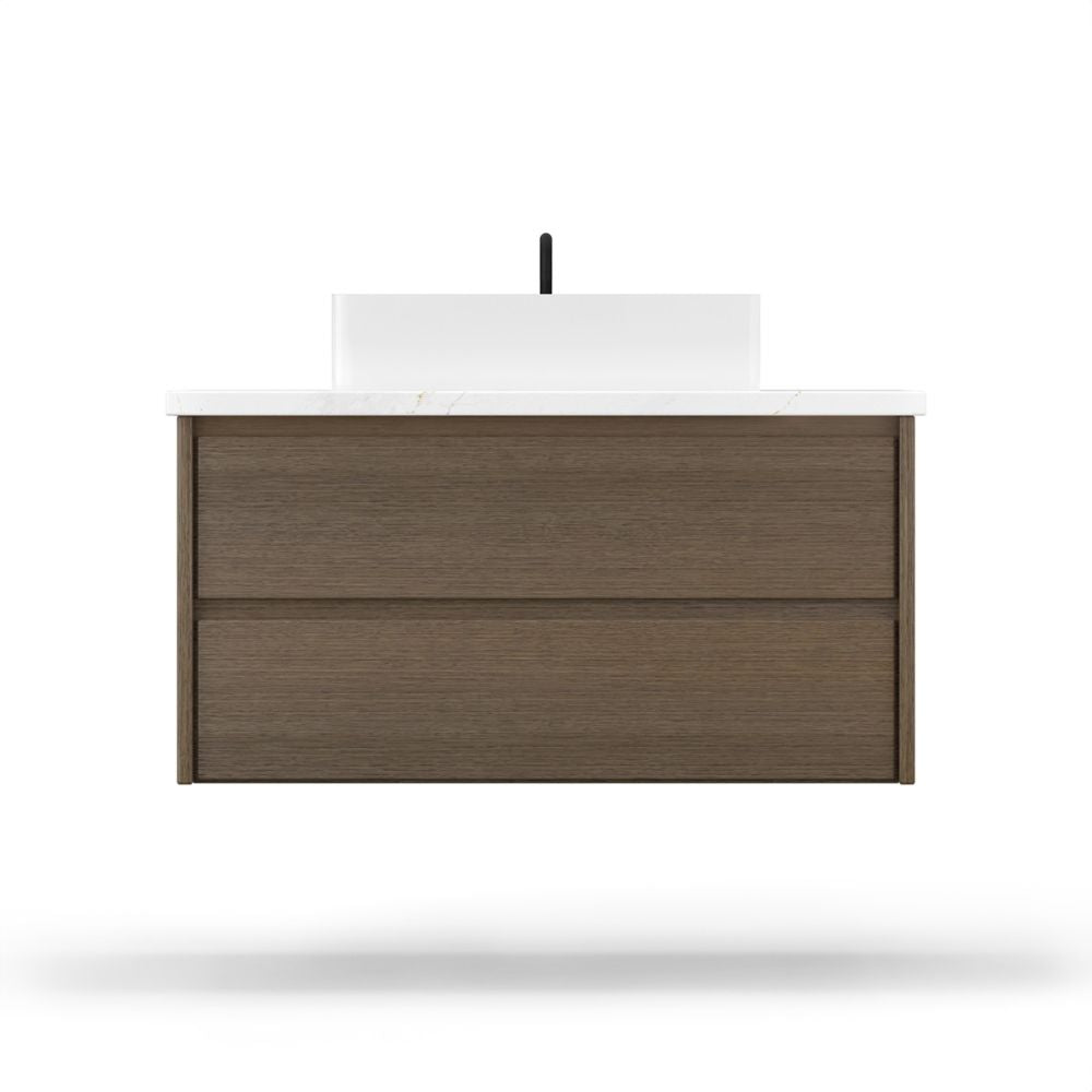 Wooden bathroom vanity with white countertop on a white background