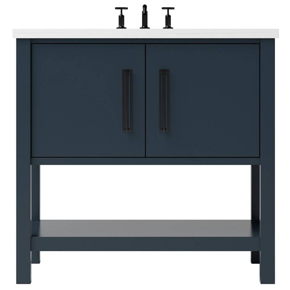 Blue bathroom vanity with white countertop and black fixtures on a white background