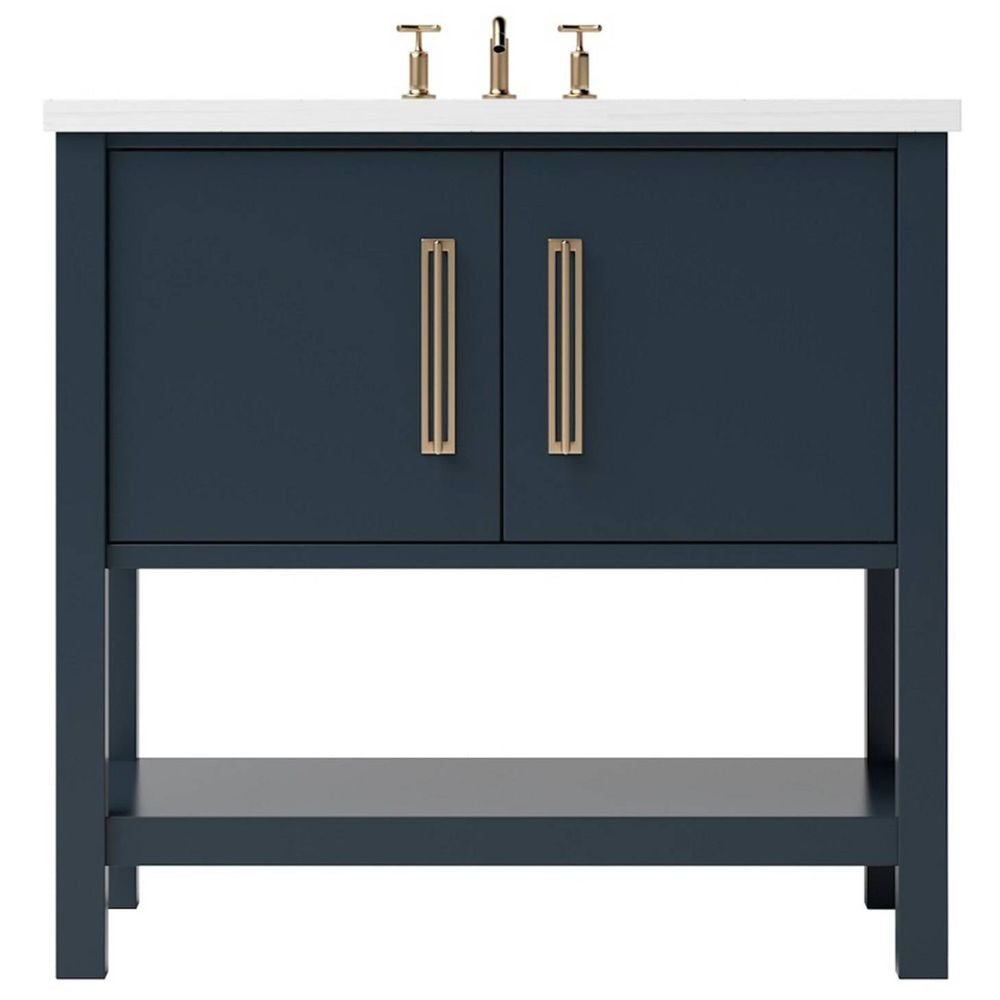 Blue bathroom vanity with white countertop and gold fixtures on a white background