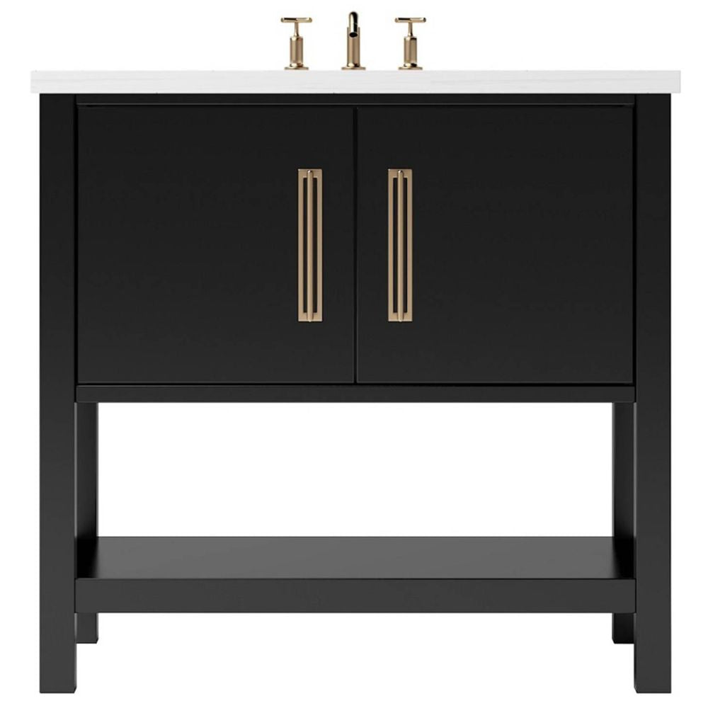 Black bathroom vanity with gold handles on a white background