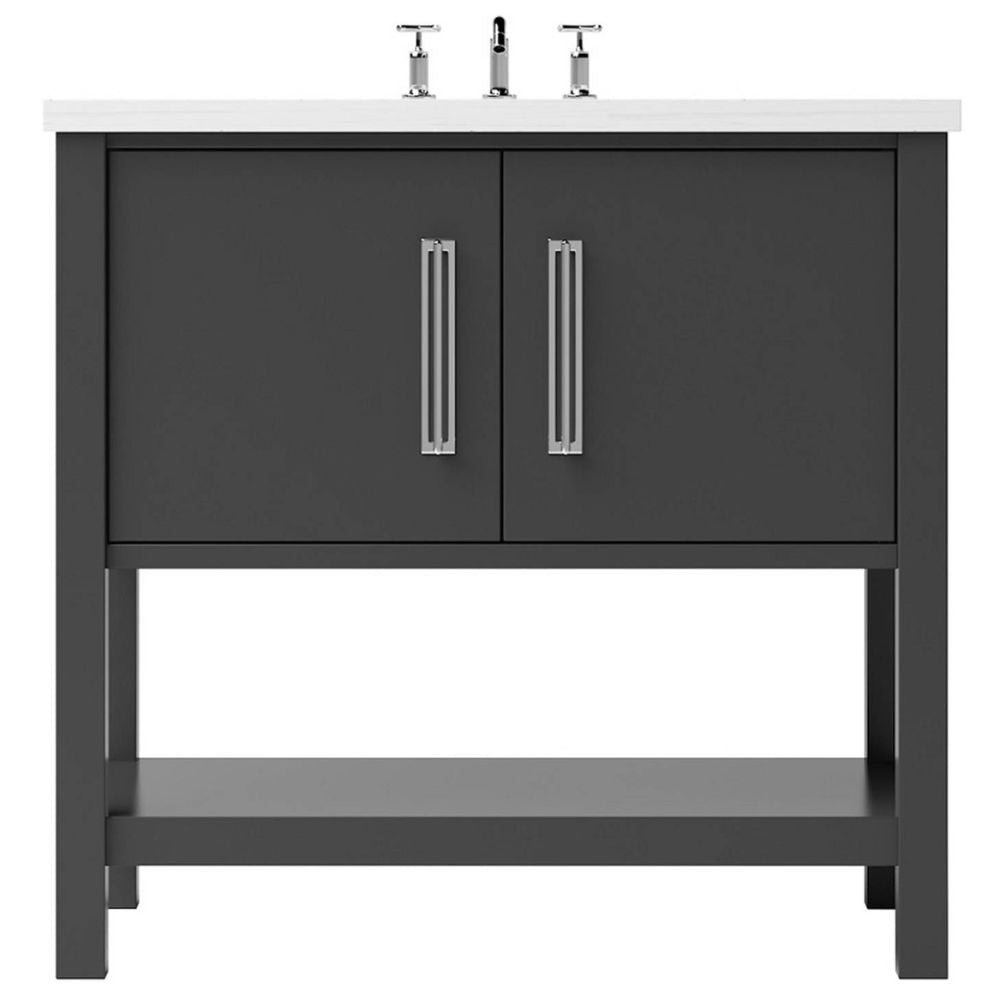 Gray bathroom vanity with white countertop and silver fixtures on a white background