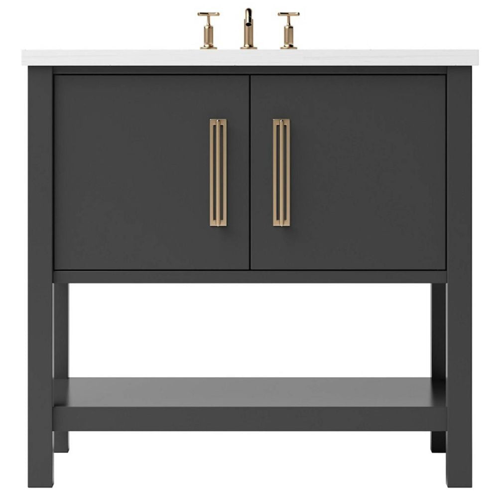 Dark gray bathroom vanity with gold handles on a white background