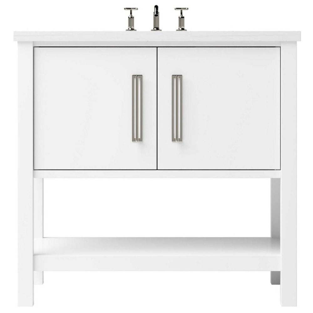 White bathroom vanity with two doors and a shelf on a white background