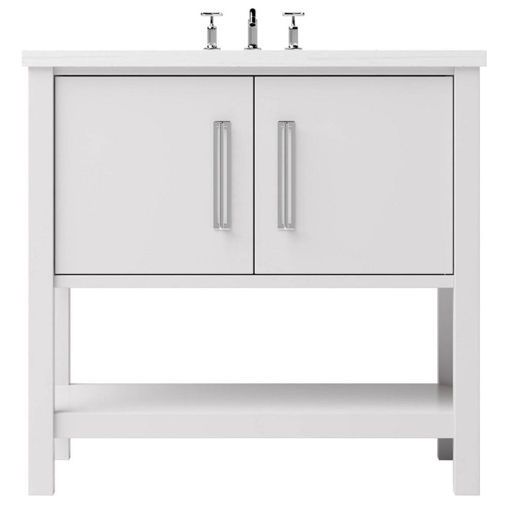 White bathroom vanity with two doors and a shelf on a white background
