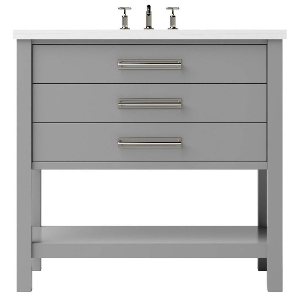 Gray bathroom vanity with white countertop and silver fixtures on a white background