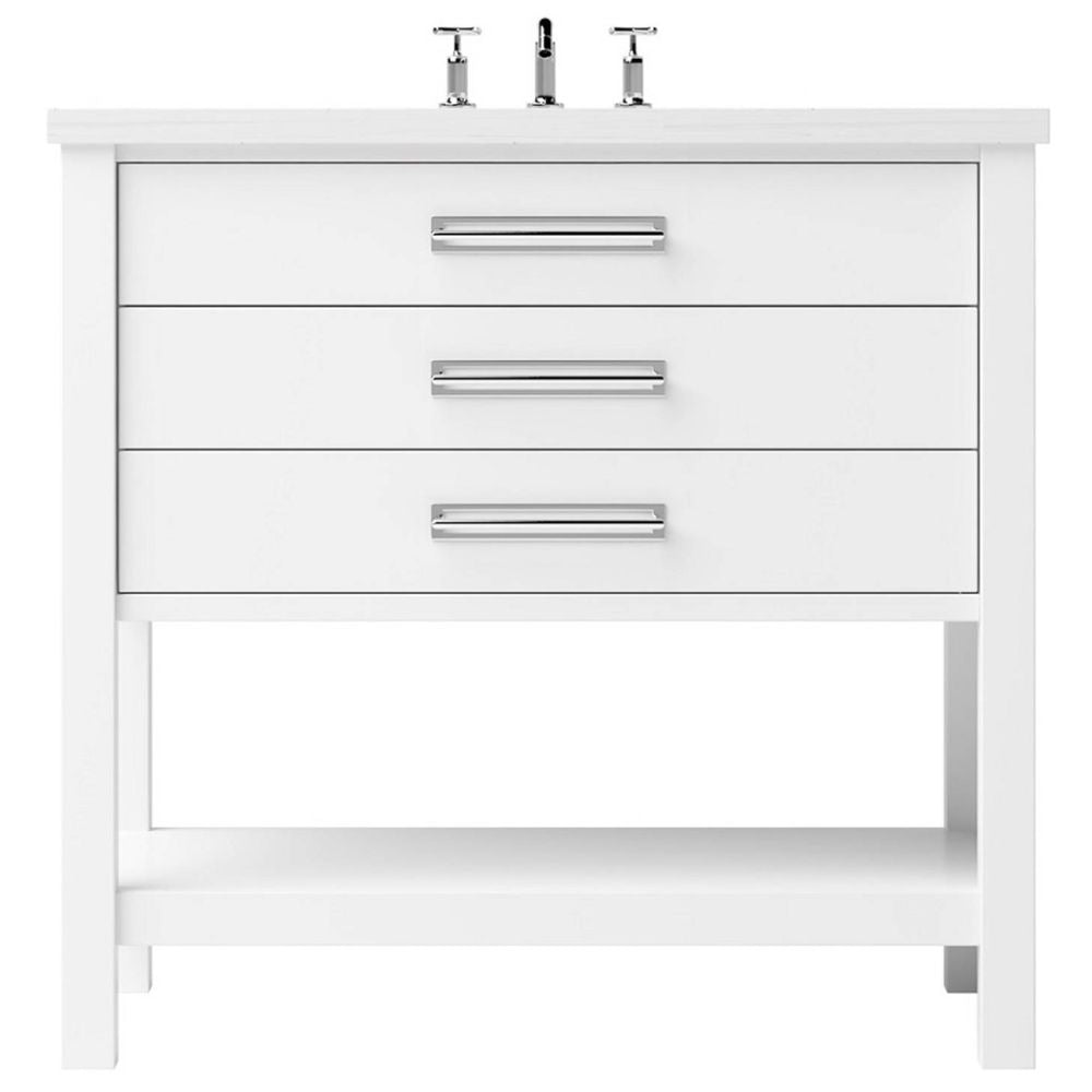 White bathroom vanity with three drawers and a shelf on a white background