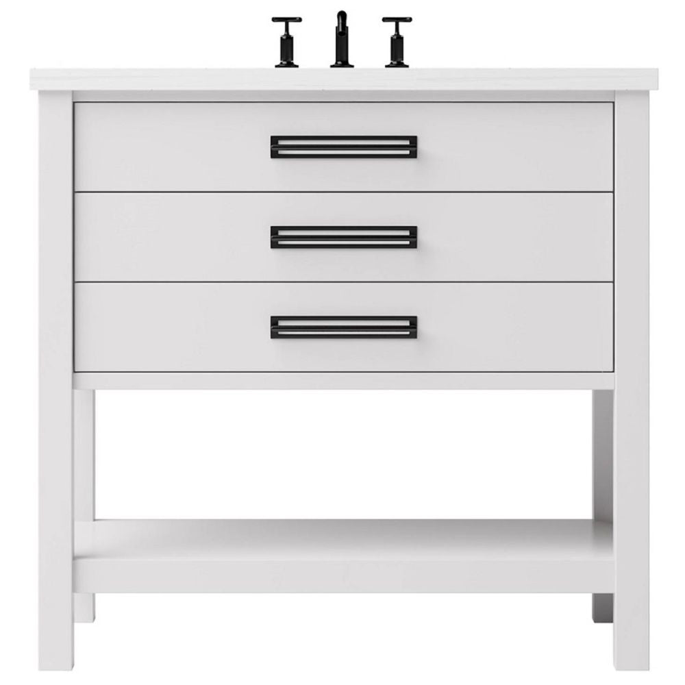 White bathroom vanity with three drawers and a faucet on a white background