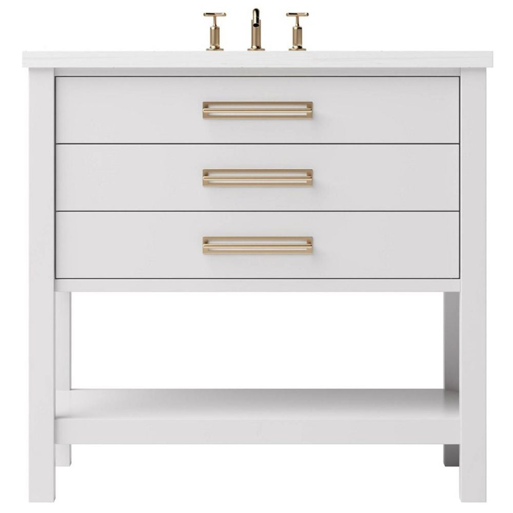 White bathroom vanity with gold handles on a white background