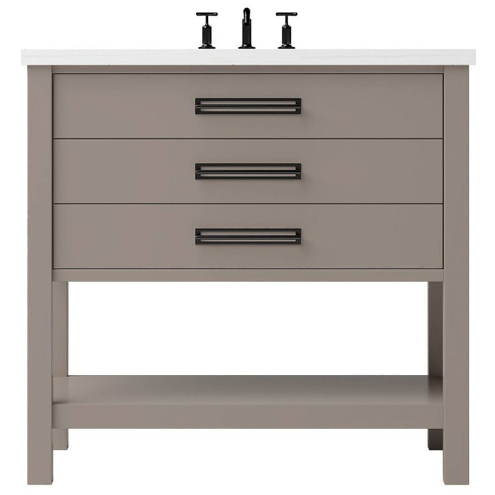 Bathroom vanity with three drawers and a white countertop on a white background