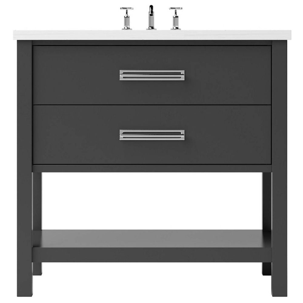Gray bathroom vanity with two drawers and a white countertop on a white background