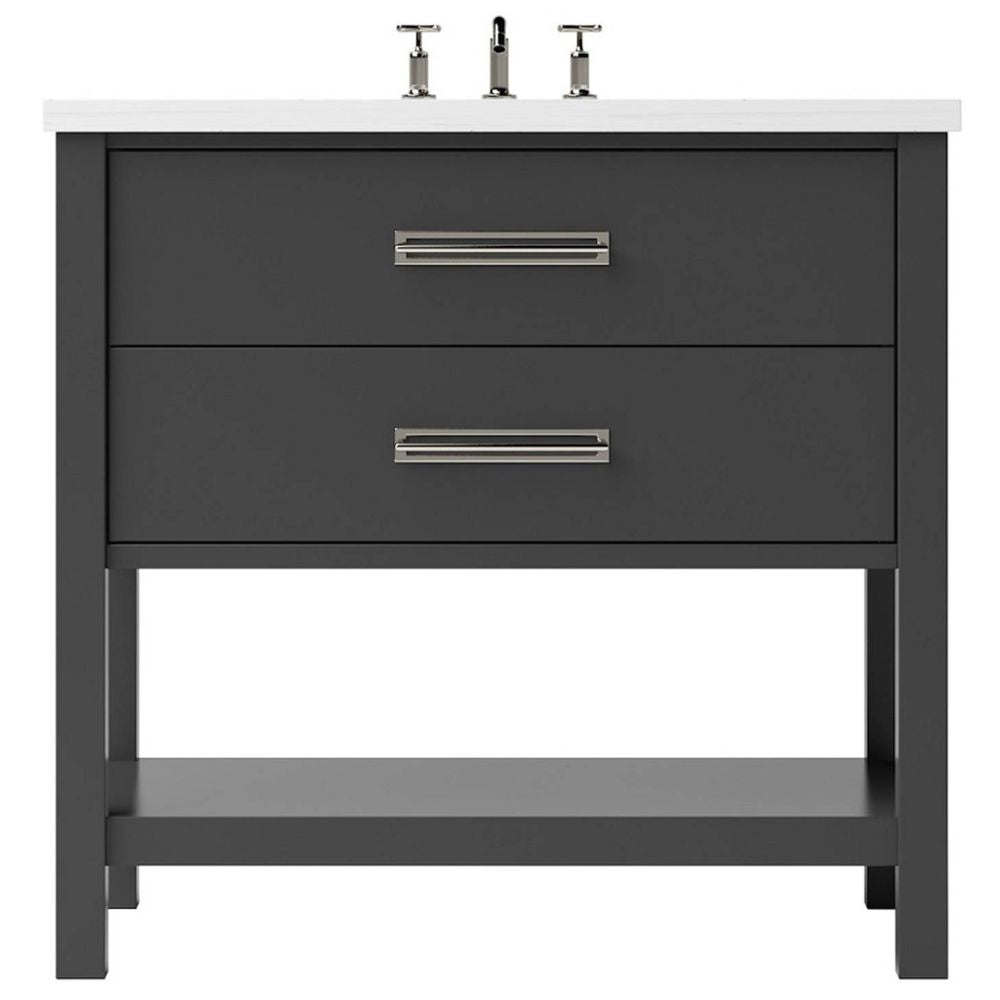 Gray bathroom vanity with two drawers and a white countertop on a white background