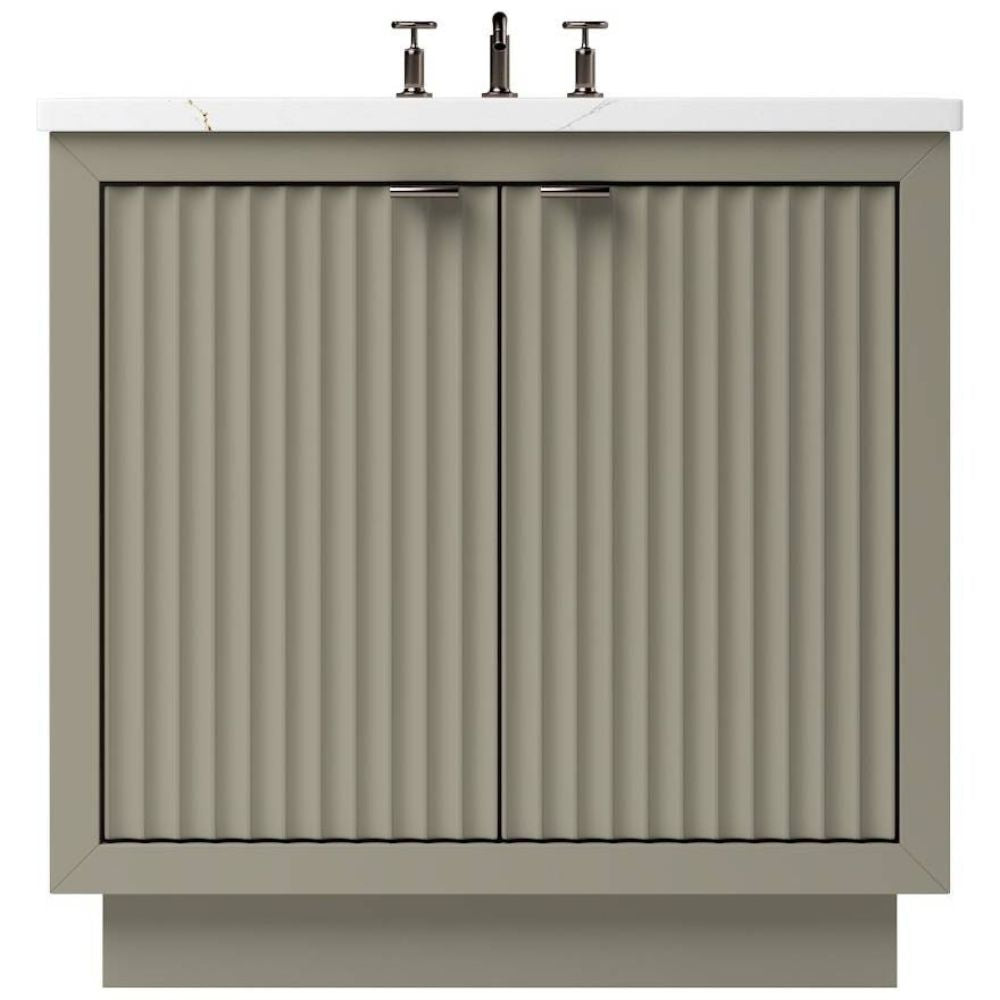 Beige bathroom vanity with white countertop and silver faucet on a white background