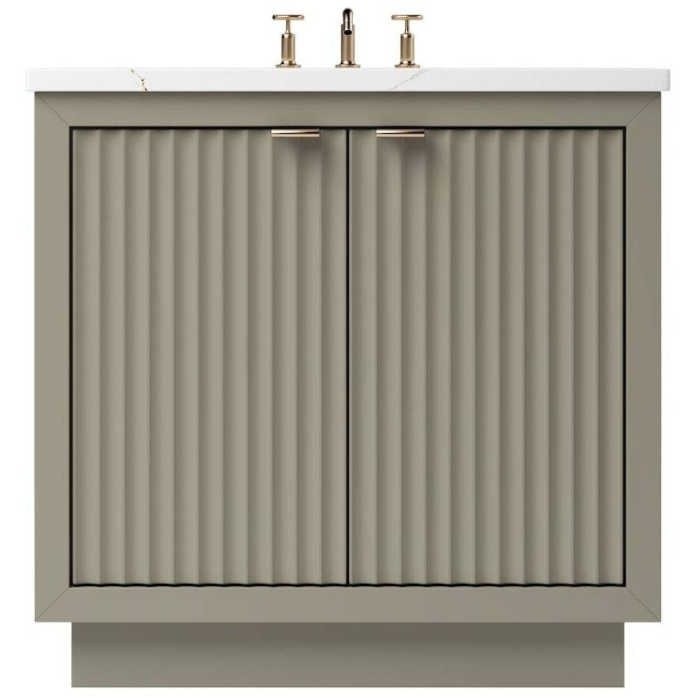Bathroom vanity with ribbed design and brass fixtures on a white background