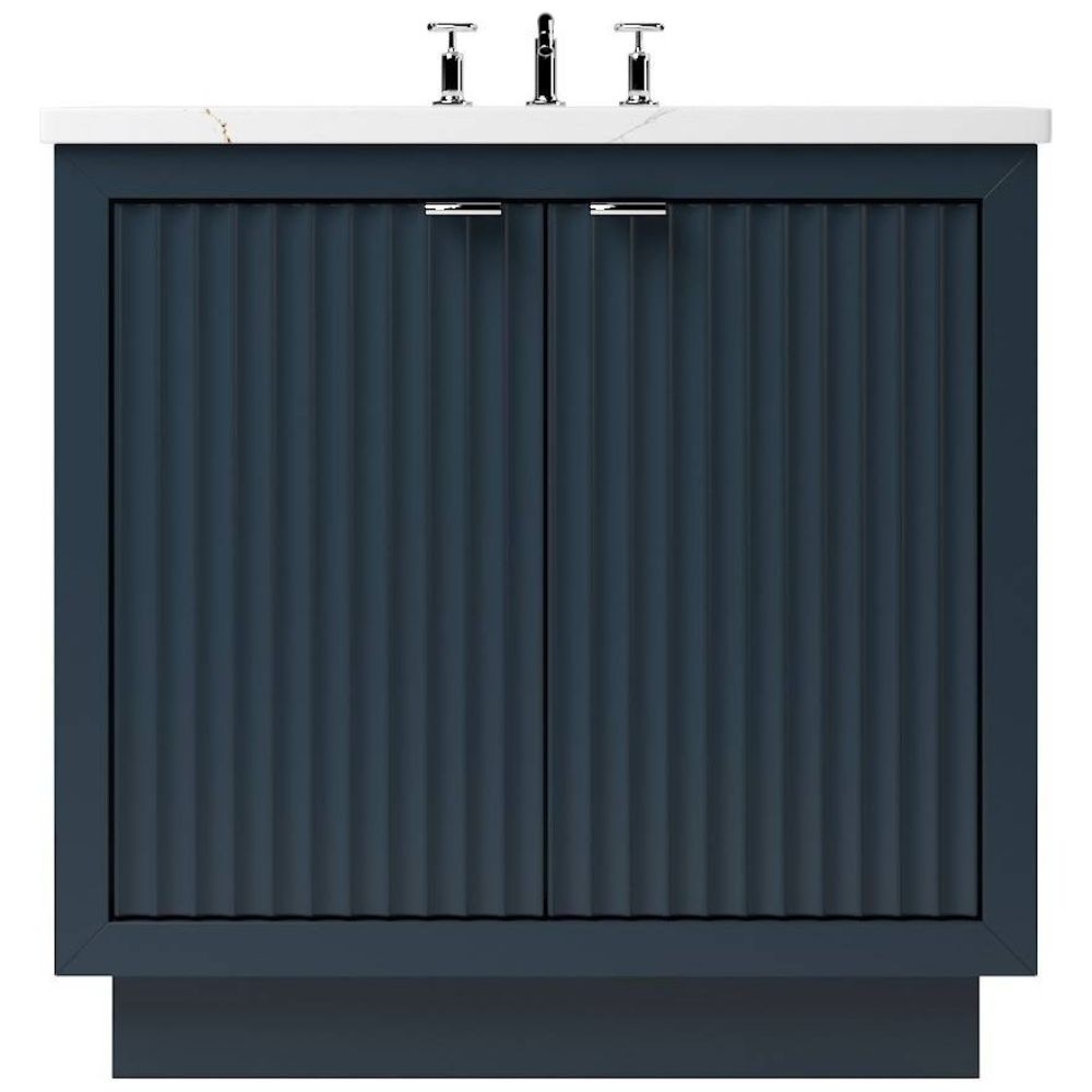 Blue bathroom vanity with white countertop and silver fixtures on a white background