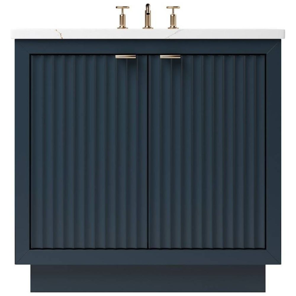 Blue bathroom vanity with white countertop and gold fixtures on a white background