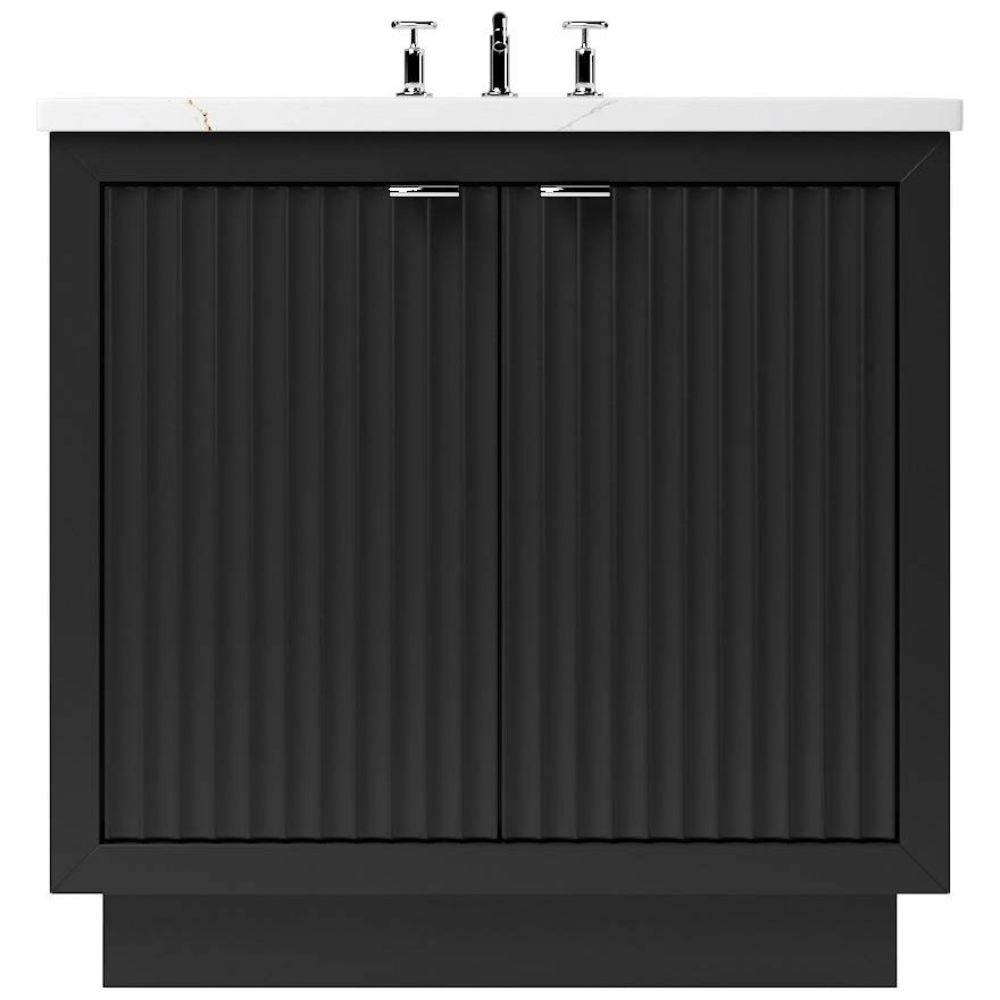Black ribbed vanity unit with white countertop and silver faucet on a white background