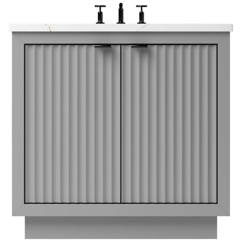 Gray bathroom vanity with ribbed design and white countertop on a white background