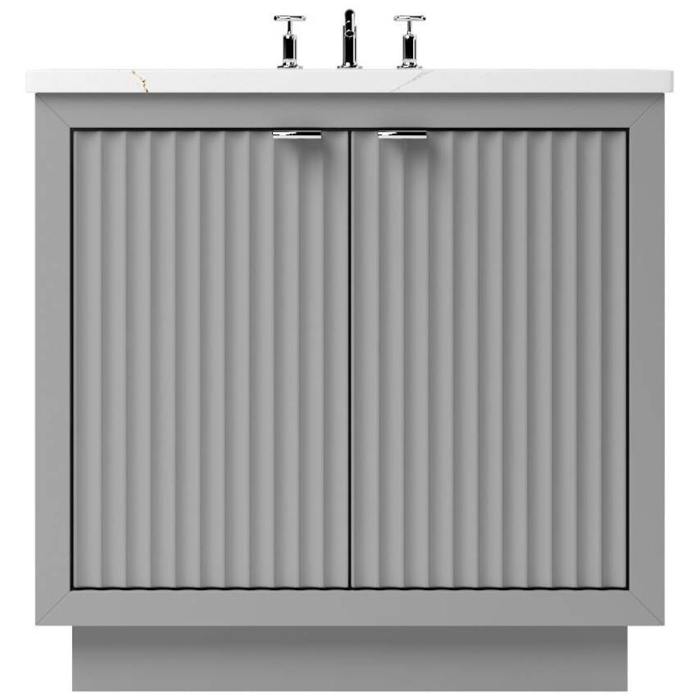 Gray bathroom vanity with ribbed design and white countertop
