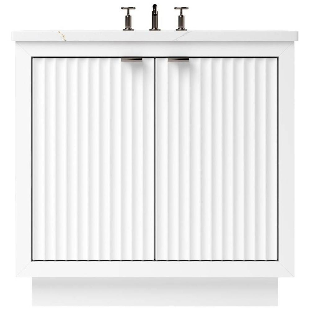 White bathroom vanity with mirror and faucet on a white background