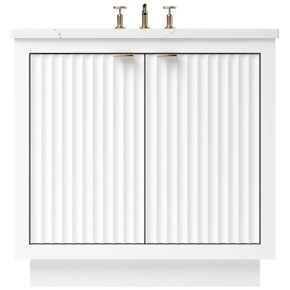 Bathroom vanity with white countertop and gold fixtures on a white background