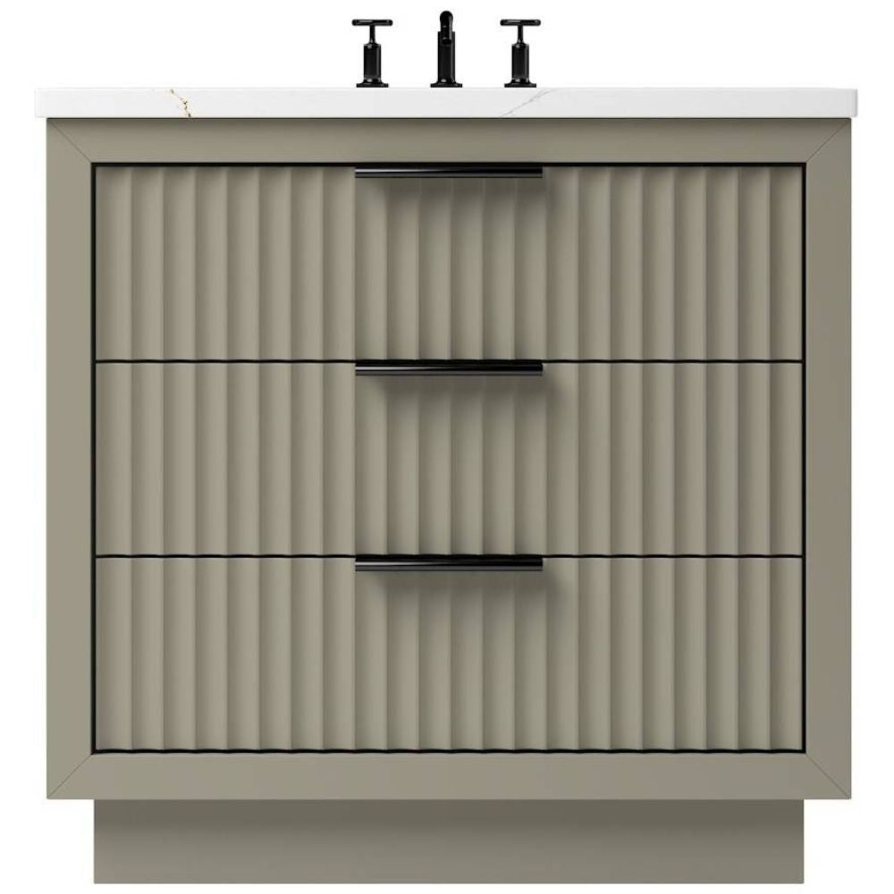 Bathroom vanity with textured surface and black handles on a white background