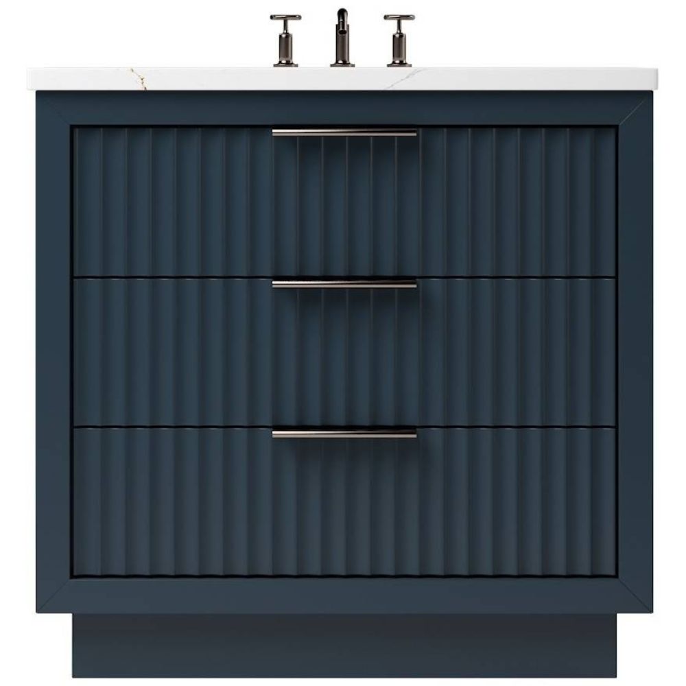 Blue bathroom vanity with white countertop and silver fixtures on a white background