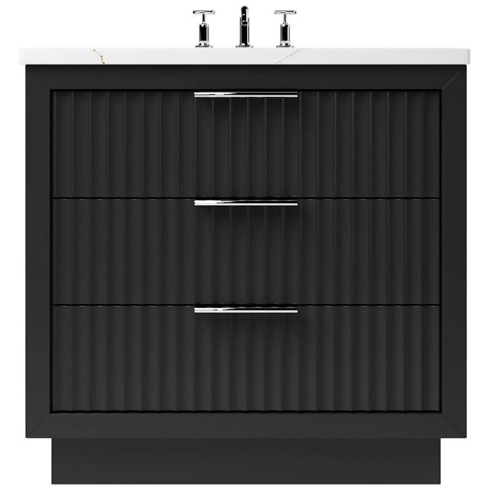 Black textured bathroom vanity with three drawers and a white countertop.
