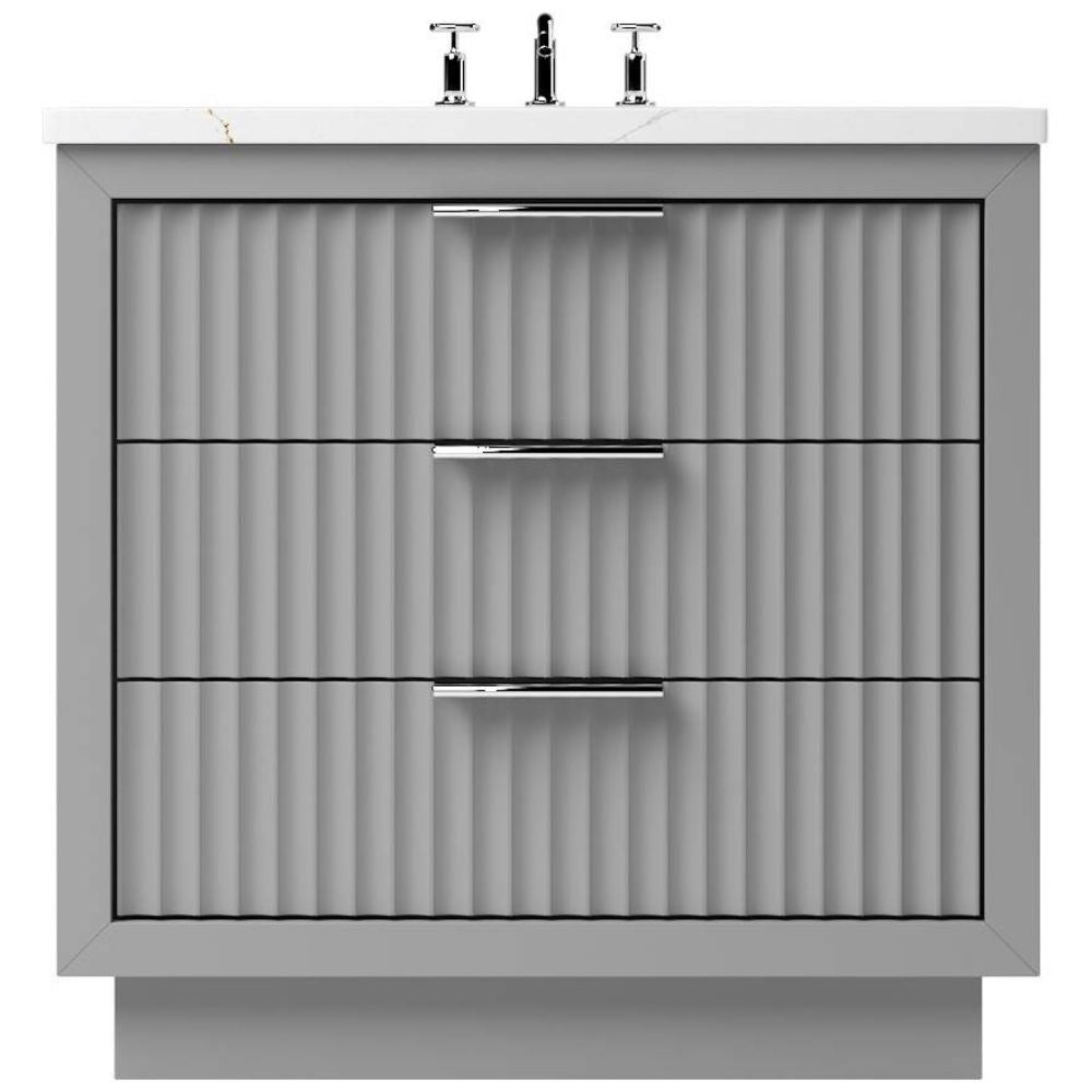 Bathroom vanity with textured gray finish and three drawers.